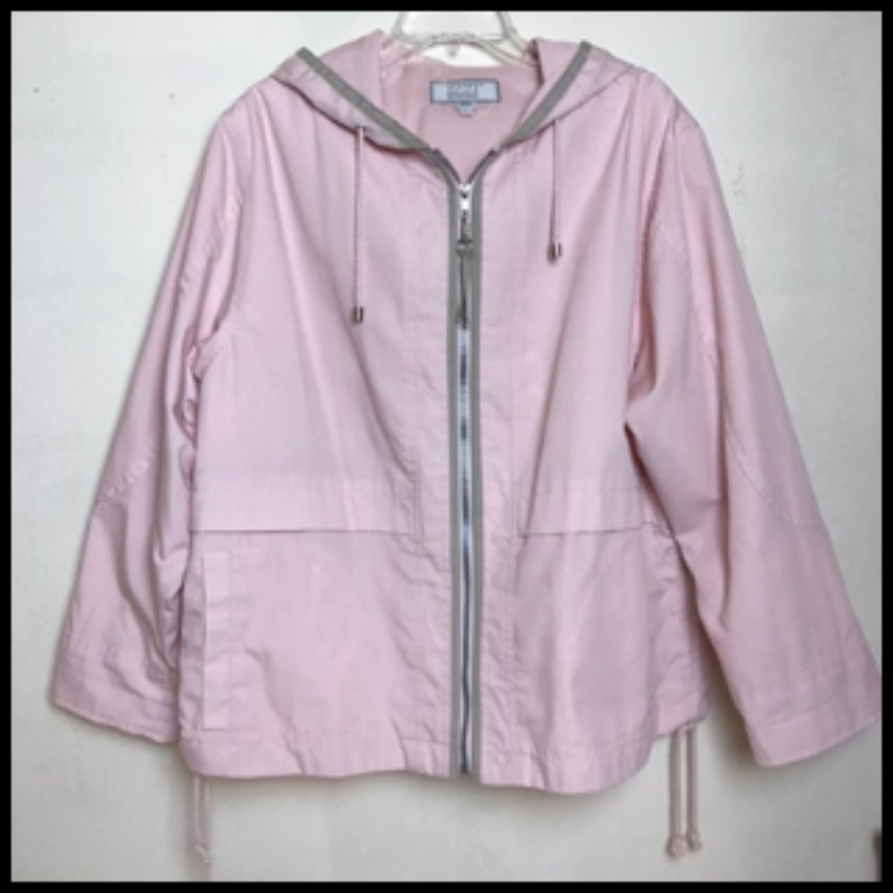 Coastal Classic Style Pink & Khaki Hooded Light Spring Summer Zip Jacket Sz XL